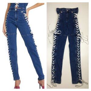 I.AM.GIA. Medium Wash High Rise Waist White Lace Up Sides Slim Fit Skinny Jeans